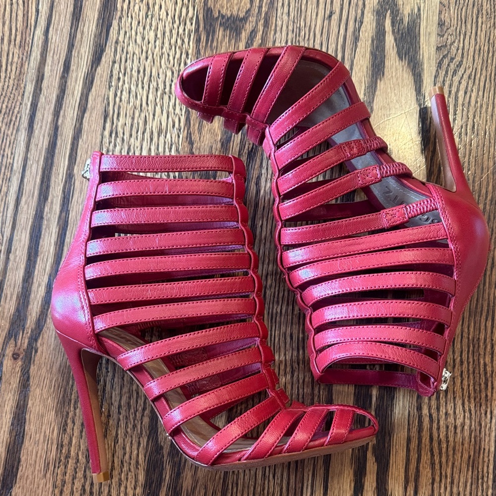 New SCHUTZ Red Strappy High Heel Bootie 5.5